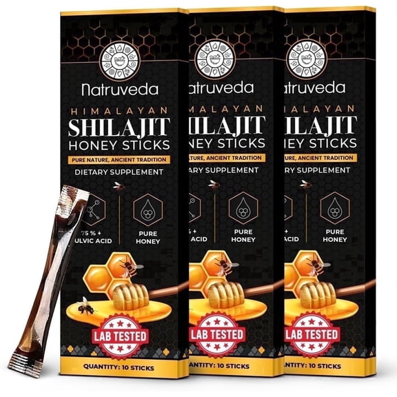 Natruveda Shilajit Honey Sticks with Himalayan Shilajit Resin, Honey and Saffron, Single Serve Supplement Sticks, 30 Count Pack