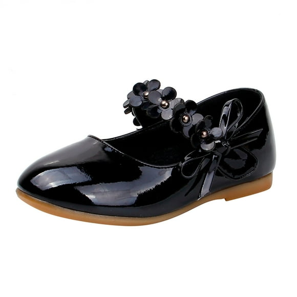 GiLiling Girls Flats Dress Shoes, Closed-Toe PU Leather Flats with Flower Bow Strap, Stylish Princess Footwear for Party Wedding Daily Formal Occasions (Black, 2-2.5 Years)