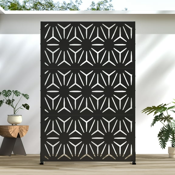 MAYEERTY 72*47" Outdoor Metal Privacy Screen Freestanding Panel Screen for Patio,Geometric Star Pattern, Black