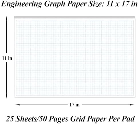 Engineering Graph Paper Pads, 11x17 Quadrille 25 Sheets/50 Pages Grid Paper for Drafting, Engineering, Blueprint Drawing, 4x4 Blue Quad Rule, 100gsm White Paper