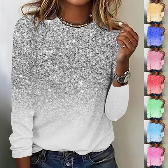 TKLPEHG Sequin Tops for Women Casual Dressy Long Sleeve Sparkly Shirts Round Neck Pullover Fashion Summer and Spring Glitter Shirt (Blue,S)