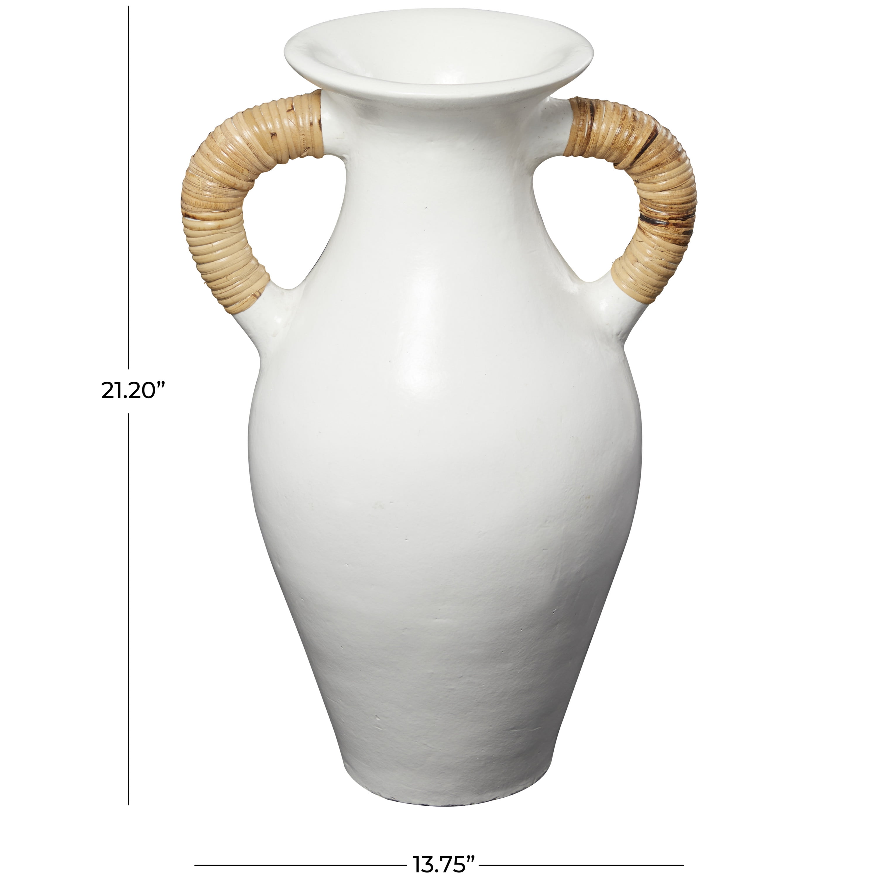DecMode 21" Jug Inspired White Ceramic Vase with Rattan Wrapped Handles