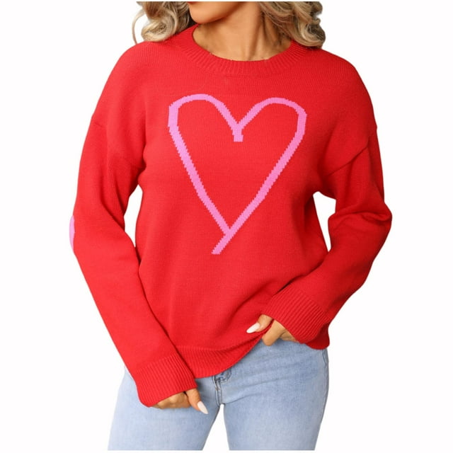 Lenpel Women's Heart Printed Sweaters Fashion Crew Neck Long Sleeve Knitted Pullover Tops Casual Graphic Sweaters(Red,Medium)