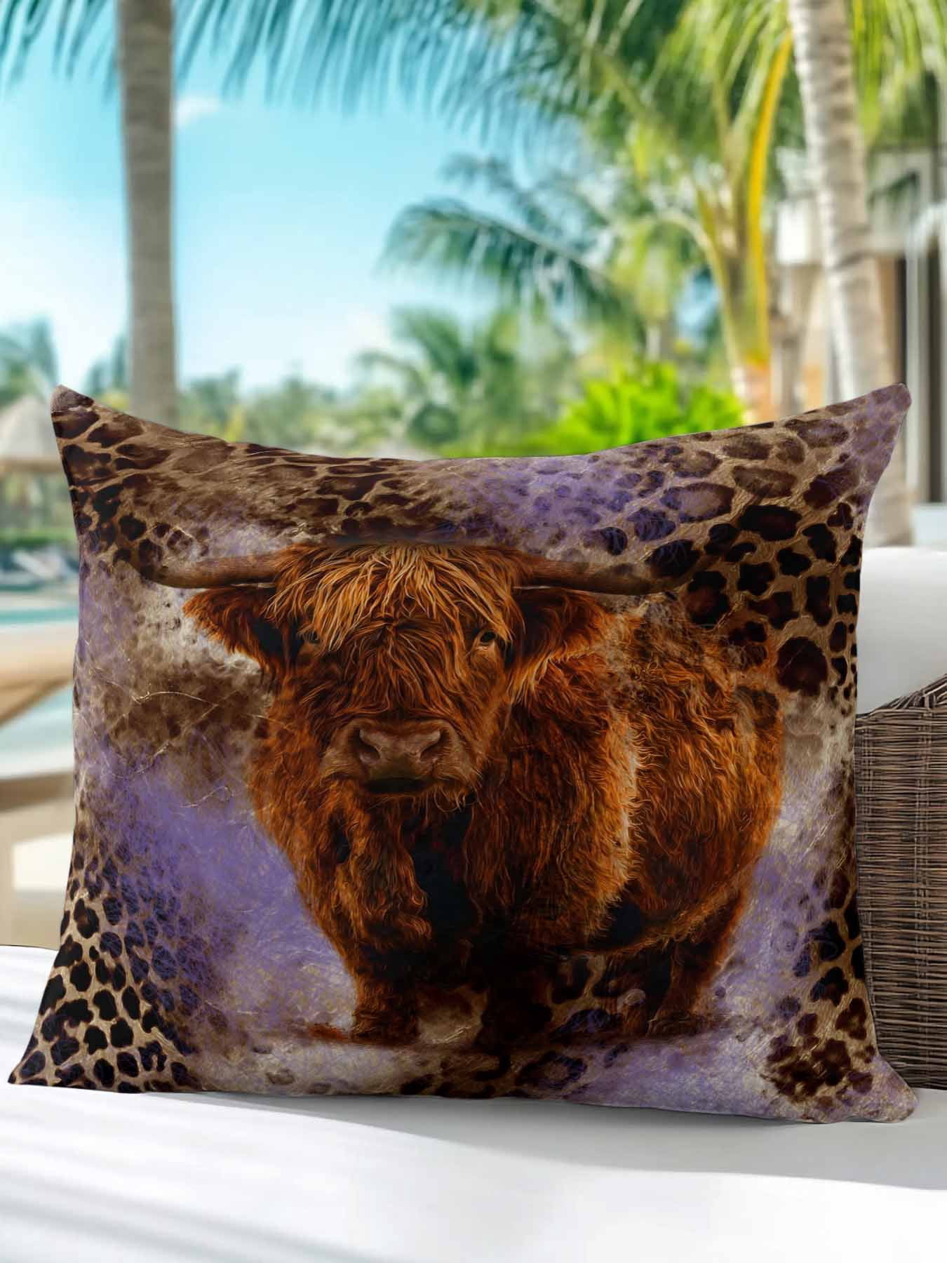 1 Pack Outdoor Throw Pillow, Purple Cow Leopard Waterproof Pillow with Insert Included, Aesthetic Vintage Animals Farmhouse Decorative Accent Cushion Sofa Pillows for Patio Porch, 18 x 18 In