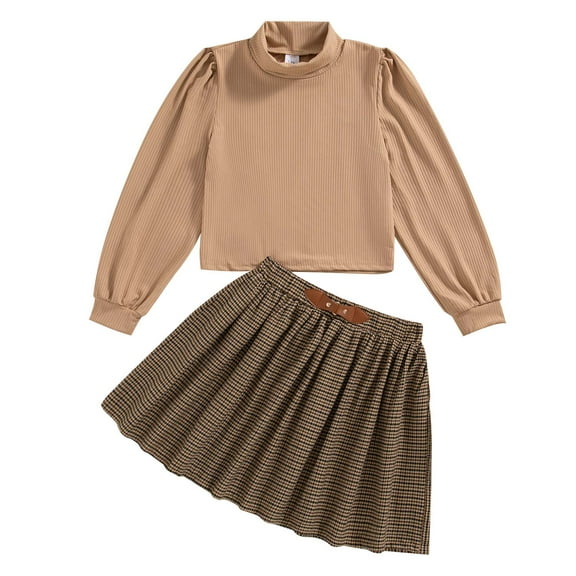 Kucnuzki 11 Years Big Girls Outfit Sets 12 Years Tween Girl Clothing Puff Long Sleeves Solid Color Top Plaid Pleated Skirt Sets 2pcs Clothes Khaki