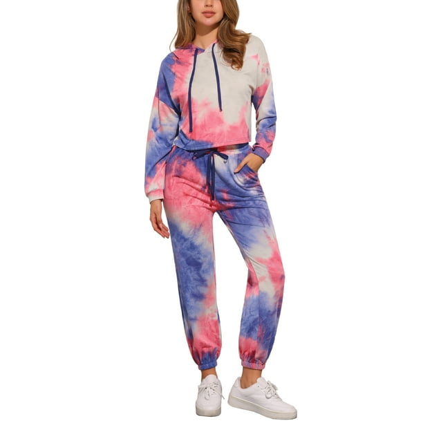 INSPIRAR CHIC Conjuntos de Sudadera Tie Dye para Mujeres, Sudadera con Capucha, Jogging de 2 Piezas, Conjunto de Ropa, L Púrpura Azul