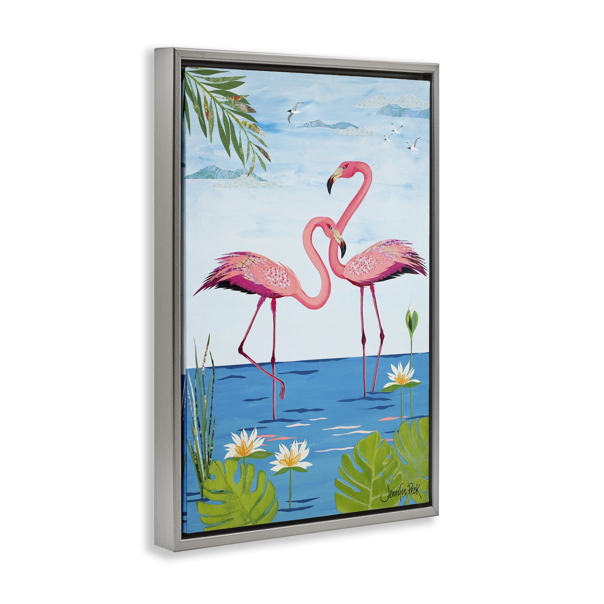 Stupell Industries Pretty In Pink Flamingos Animals & Insects Painting Gray Floater Framed Canvas Art Print Wall Art, 17 x 25