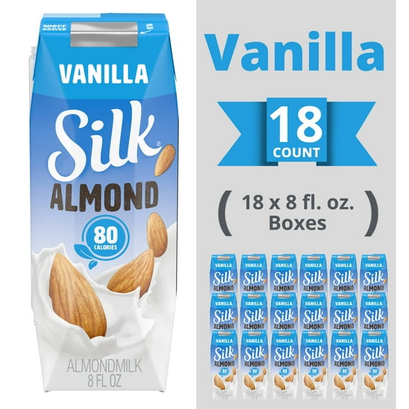Silk Shelf-Stable Almond Milk Singles, Vanilla, Dairy-Free, Vegan, Non-GMO Project Verified, 8 Oz, (Pack of 18)