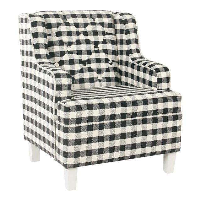 HomePop Wood and Cotton Plaid Pattern Kid's Tufted Wingback Chair in Black