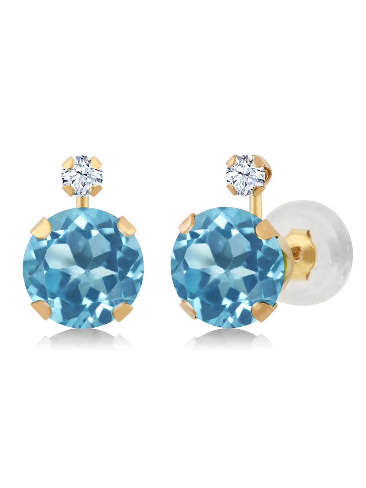 Gem Stone King 2.08 Ct Round Swiss Blue Topaz White Created Sapphire 14K Yellow Gold Earrings