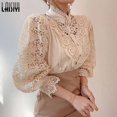 thumbnail image 4 of ZHAOCHENG Camisas de mujer, blusa vintage de encaje blanco liso, blusa holgada con botones coreanos para mujer, blusas casuales de primavera huecas para mujer, blusas blancas M, 4 of 5
