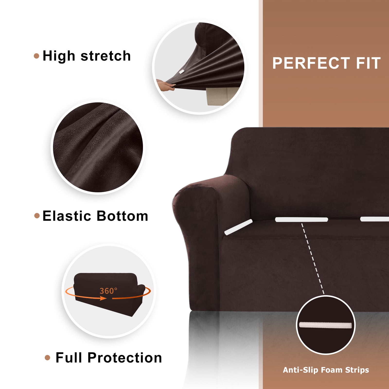 SANMADROLA 100% Waterproof Couch Covers Velvet Stretch Slipcover for 3 Cushion Sofa Cover Non Slip Leakproof Washable Furniture Protector for Kids Dogs Cats Pets, Brown, Oversized Sofa