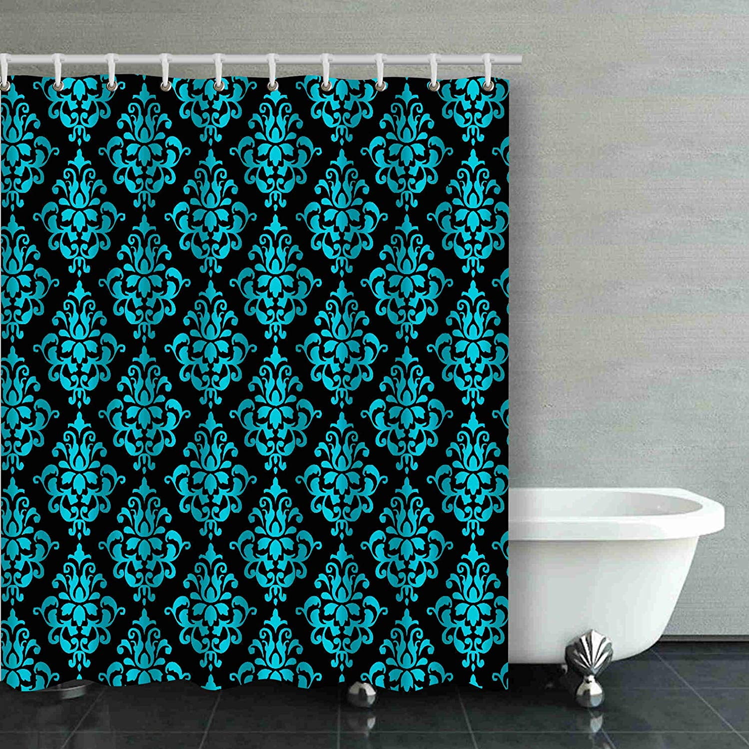 Artjia Teal Blue And Black Fl, Fancy Bathroom Shower Curtains