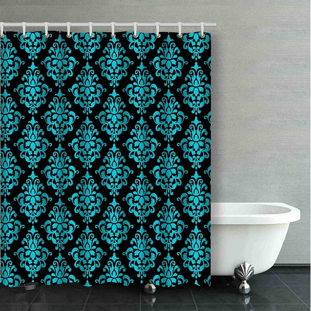 RYLABLUE Teal Blue And Black Floral Pattern Flower Design Decorative  Bathroom Shower Curtain 66x72 inches 