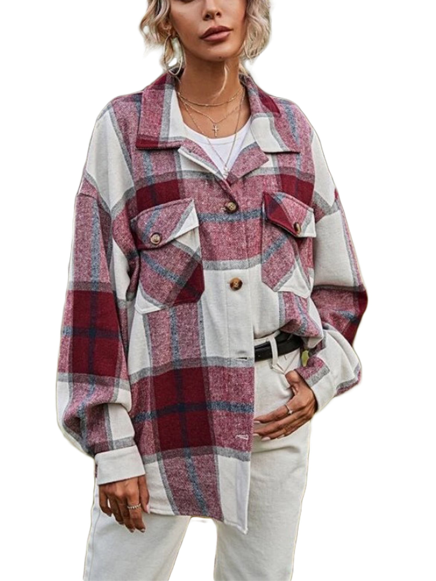 Women Plaid Contrast Color Casual Turn Down Collar Long Sleeve Long Jacket Coat 