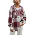 thumbnail image 1 of Seyurigaoka Women Juniors Shacket Plaid Turn-Down Collar Long Sleeve Coat with Chest Pockets, 1 of 6