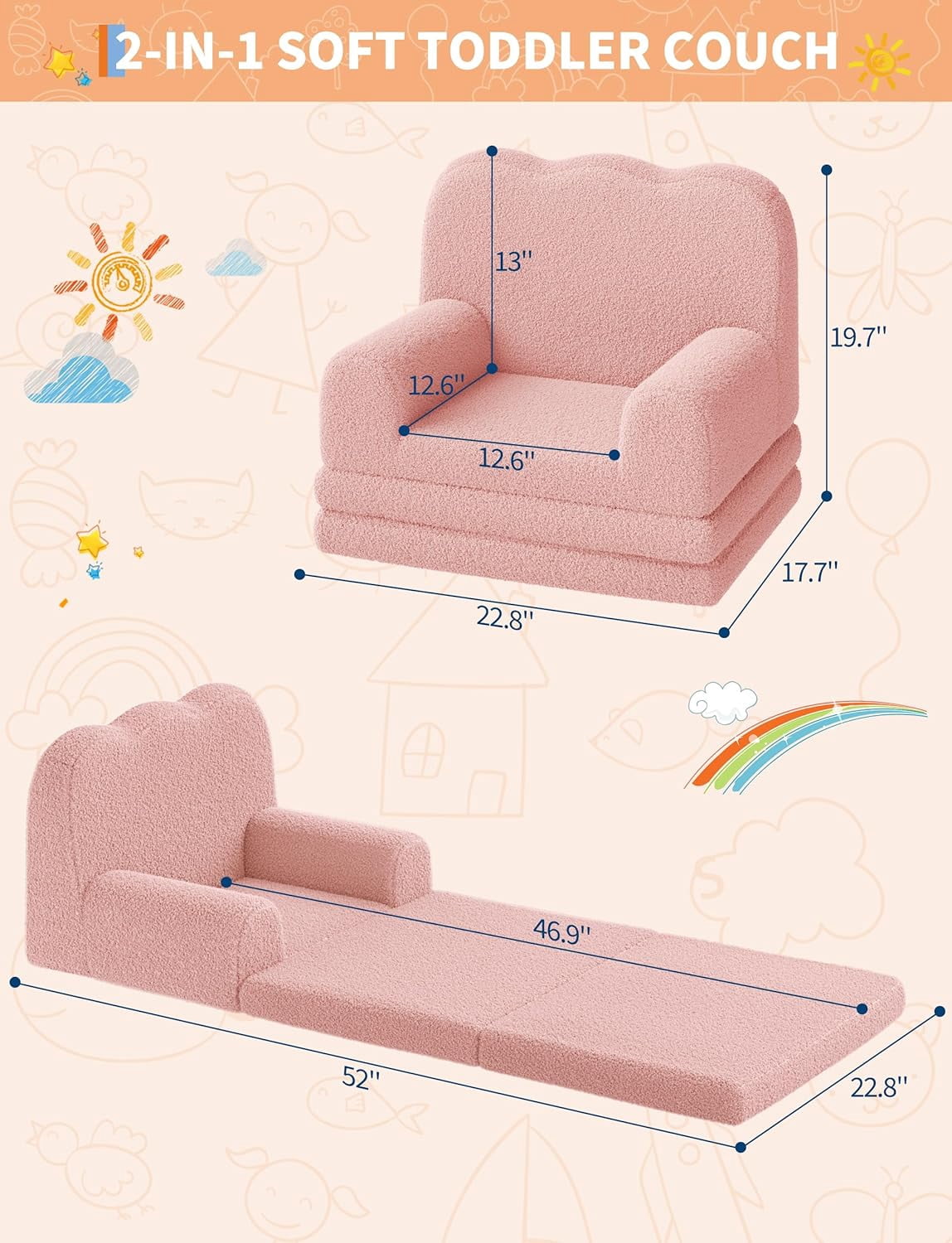 2-in-1 Convertible Kids Couch - Soft Teddy Fleece Toddler Sofa Chair and Fold Out Lounger, Pink