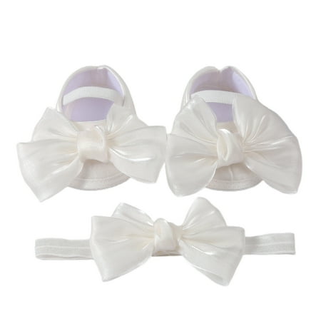 Awevudst Baby Girls Baptism Shoes and Headband Shiny Bow Flats and Hairband