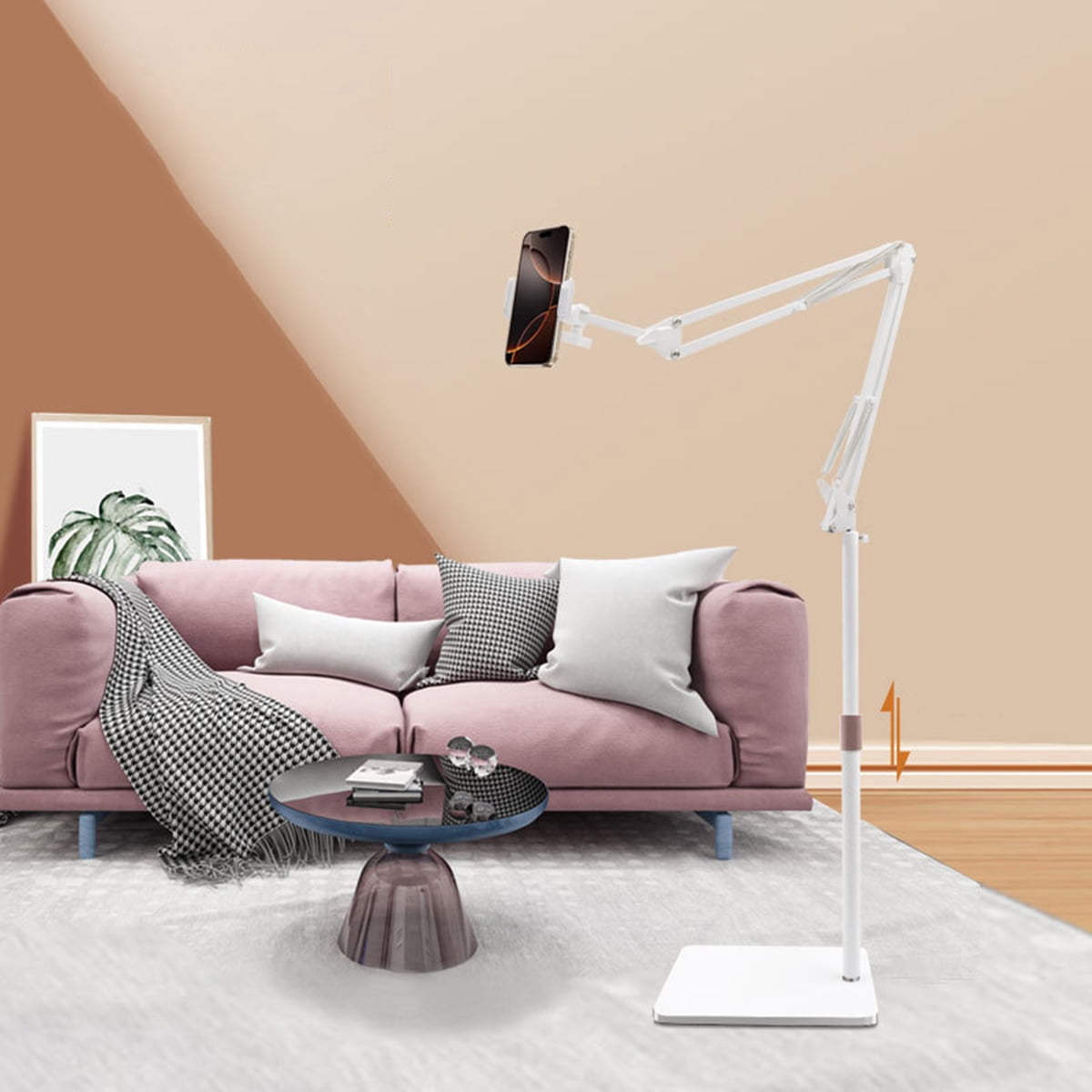Tablet Floor Stand, Overhead Bed Phone Mount Height Adjustable Arm Stretchable Stand Holder-White