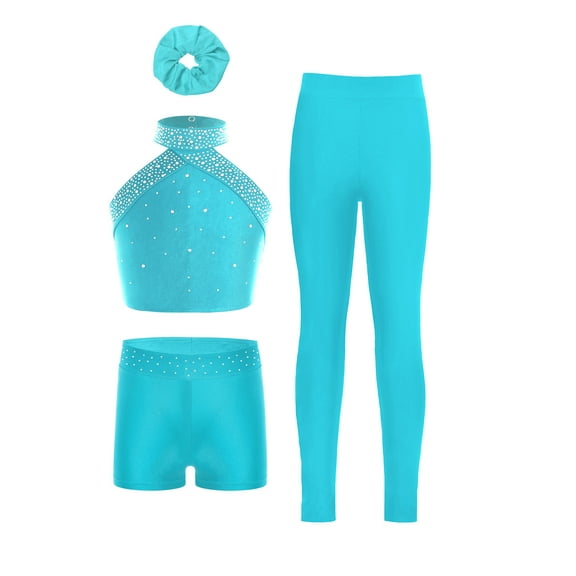 TTAO 4 Piece Dance Outfits Kids Girls Sleeveless Crop Tank Top and Short with Leggings Hairband Figure Skating Blue Green 14