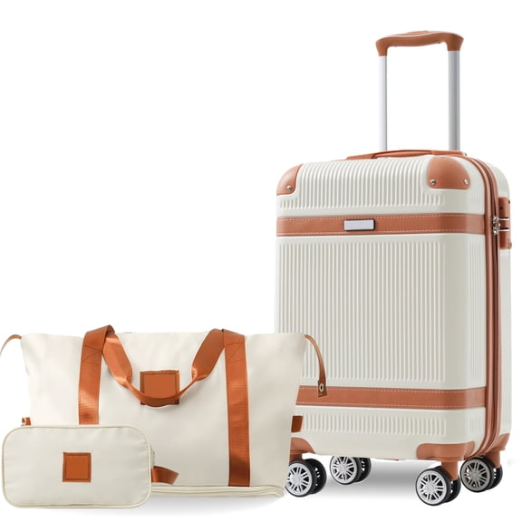 3-Piece Hardshell Luggage Set, 20" Carry-On Suitcase with 360° Spinner Wheels & TSA Lock, Lightweight ABS Travel Set with Expandable Duffel Bag (Cream)