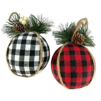 Holiday Plaid Christmas Ball Ornaments with Mini Pincones 2 Piece Set 4 Inch