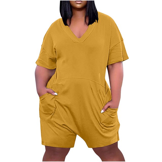 Yanlir Combinaison Décontractée Surdimensionnée à Fermeture Éclair pour Femmes, Combishort Ample à Manches Courtes pour l'Été, Style Rue 1 Pce (Jaune, 2TG)