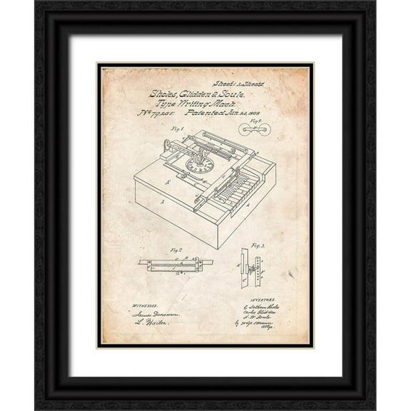 Borders, Cole 12x14 Black Ornate Wood Framed with Double Matting Museum Art Print Titled - PP45-Vintage Parchment Sholes and Glidden Type- Writer Patent Poster
