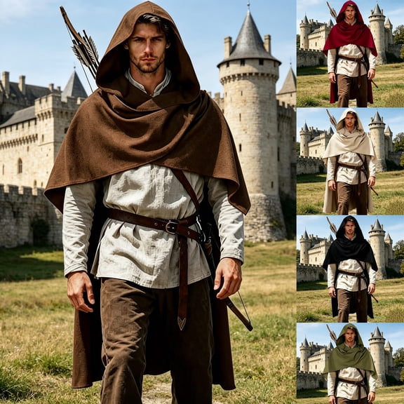 siminsem Medieval Hooded Shawl for Women Men Halloween Cape Wizard Cloak Renaissance Scarf Gothic Role Playing Wrap with Brooch for Cosplay Party LARP 1 Pack, Brown,One Size