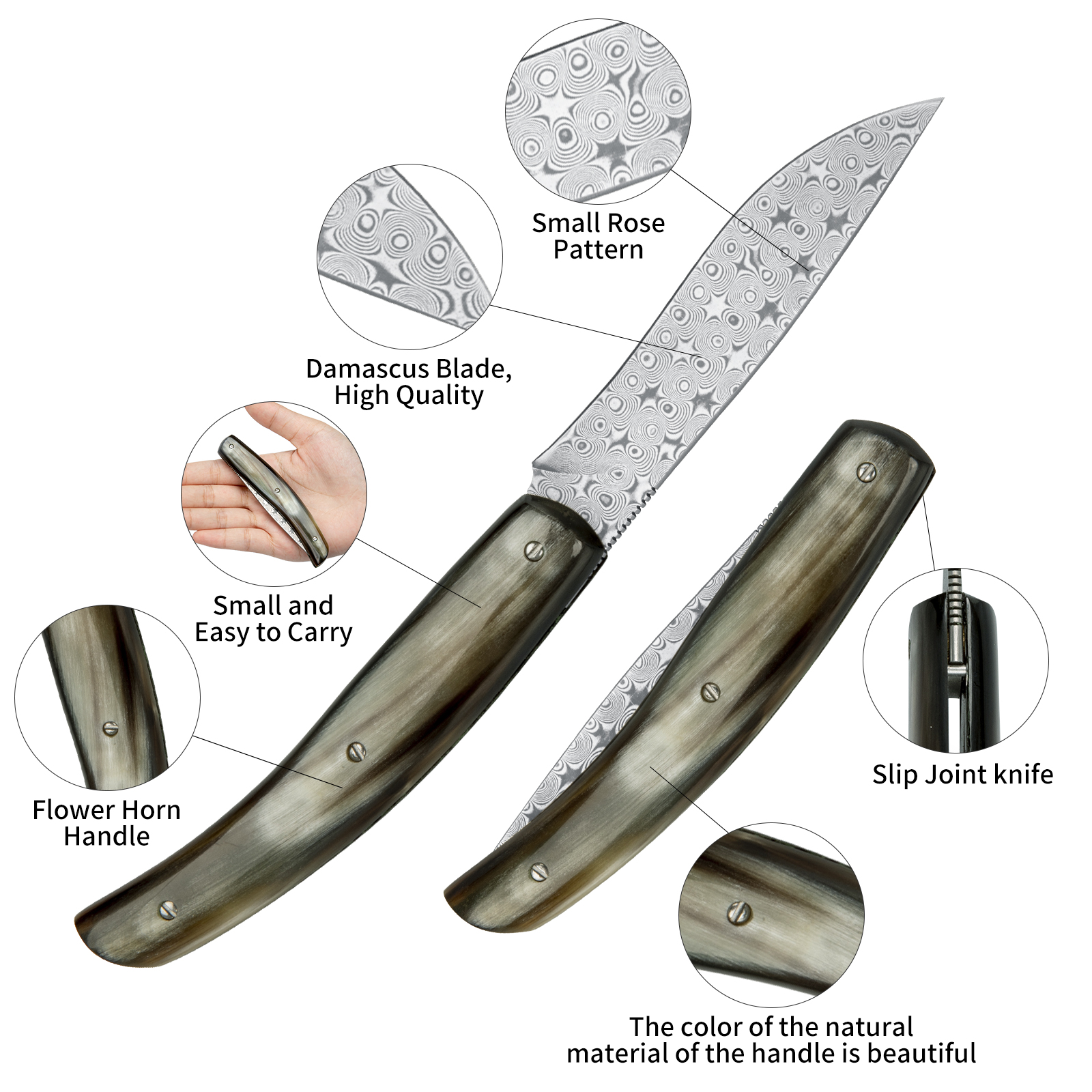 Dispatch 3.2 inch Blade Length Damascus Steel EDC Folding Knife with Cowl Handle and Rosette Blade