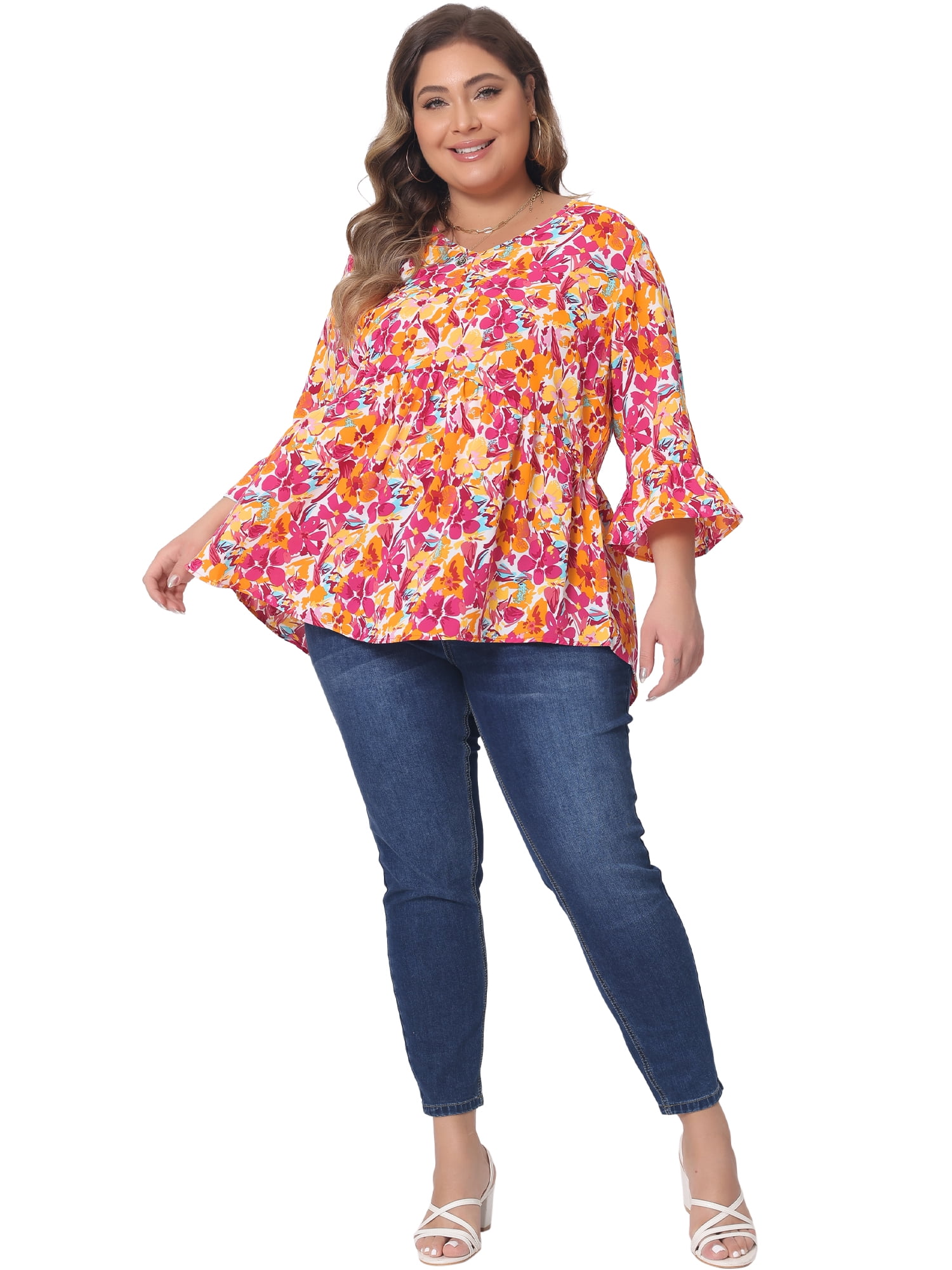 Women's Plus Floral Blouses V Neck Ruffle 3/4 Sleeve Babydoll Peplum Tops 4X Orange
