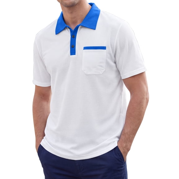 INSPIRE CHIC Men's Waffle Polo Shirt Short Sleeve Textured Golf Shirts M White