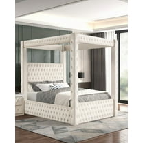 Majestic Ivory Rich Velvet Fabric Four-poster Queen Bed with Tufted Headboard and Footboard for Modern Bedroom