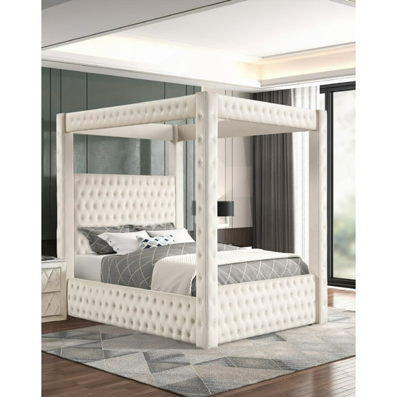 Majestic Ivory Rich Velvet Fabric Four-poster Queen Bed with Tufted Headboard and Footboard for Modern Bedroom