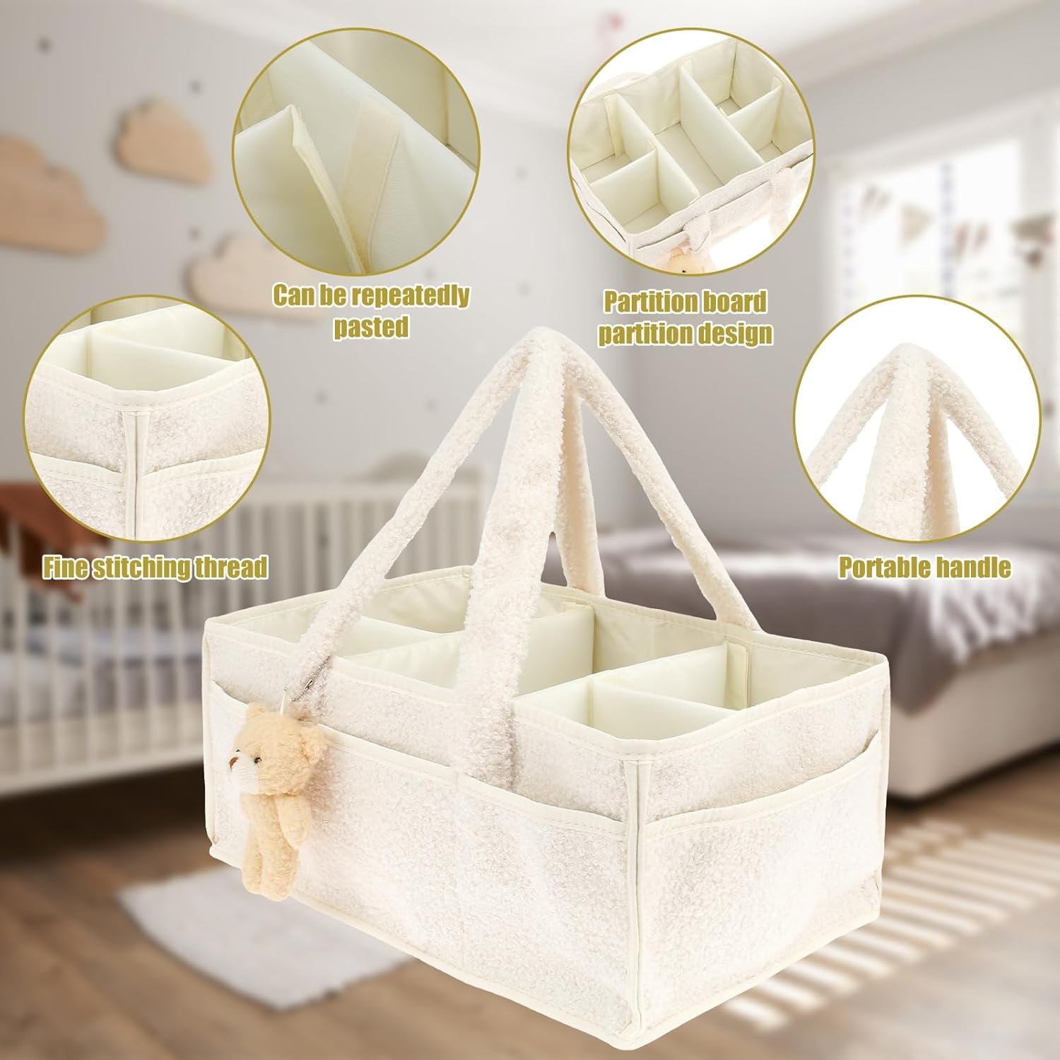 Nappy Caddy Organizer for Baby Changing Table, Portable Diaper Caddy With Removable Dividers/Handle, Newborn Essentials, Nursery Wipes Storage Bag, Gift for Mum, Baby Shower