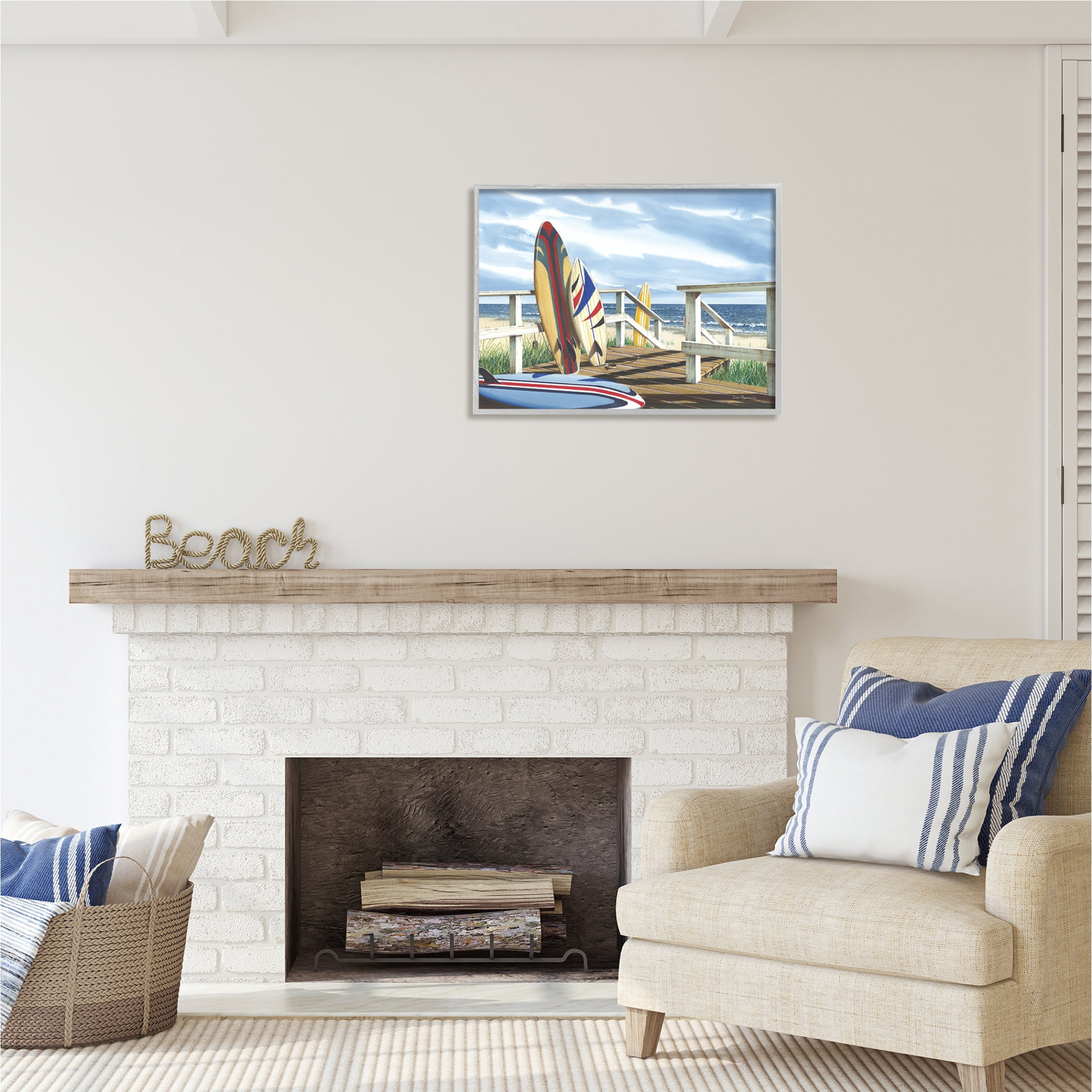 Stupell Industries Surfboards on Beach Deck Nature Painting Gray Framed Art Print Wall Art, 30 x 24