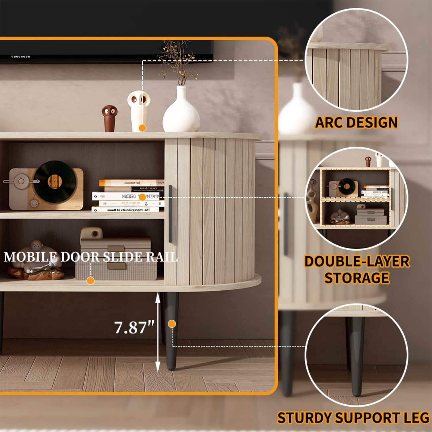 47" Modern TV Stand with Sliding Door Storage Cabinet, Mid Century Media Console Table for Living Room, Bedroom, Office, Natural