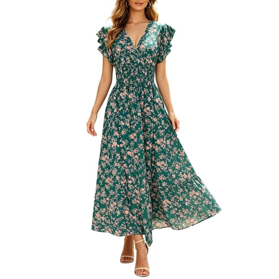Puliio Boho Summer Dresses for Women V Neck Ruffle Sleeve Floral Smocked Waist Maxi Casual Flowy Sundress