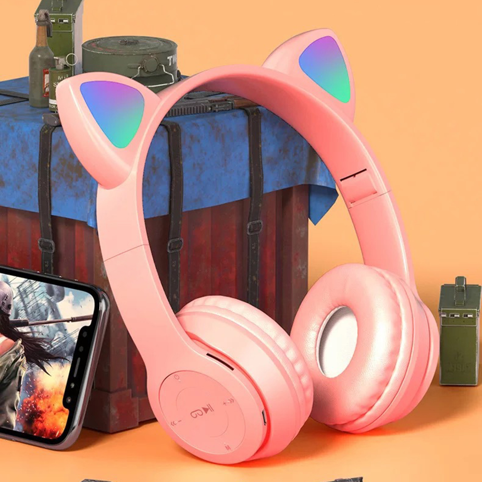 Kids Headphones, Cat Ear Wireless Headphones, LED Light Up Bluetooth over on Ear Purple Headphones for Toddler Boy Girl Teen Children With Microphone,Pink