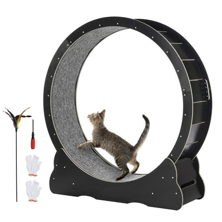 KFFKFF Wood-Constructed Feline Activity Wheel, 43.3" Spacious Feline Fitness Wheel for Domestic Indoor Cats, Feline Exercise Wheel with Removable Carpet & Feline Plaything for Jogging/Walking