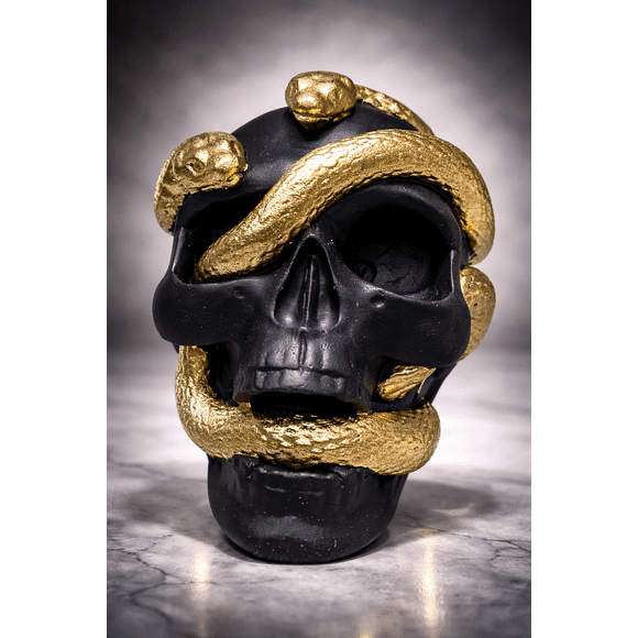 Calavera Decorativa Negra con Serpiente Dorada de Resina 7.5cm