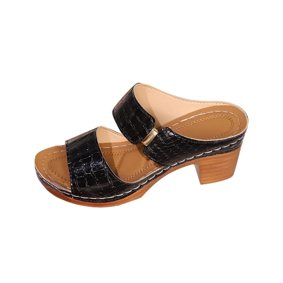 Xfvqtps Slide Sandals for Women Block Chunky Heel Double Straps Stone Embossing Open Toe Leather High Heels Black