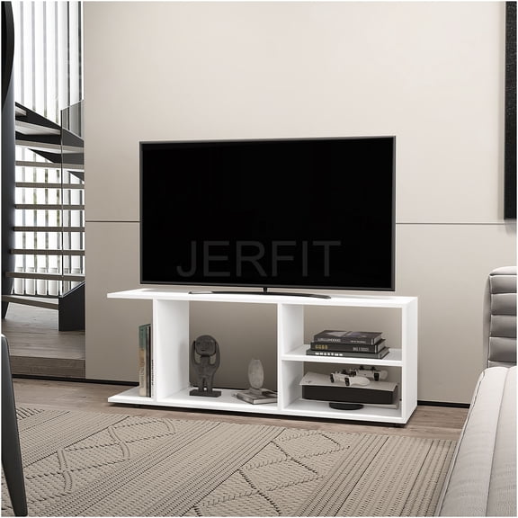 JERFIT 47.4" Modern White TV Stand with Open Shelves for Living Room, Media Entertainment Center