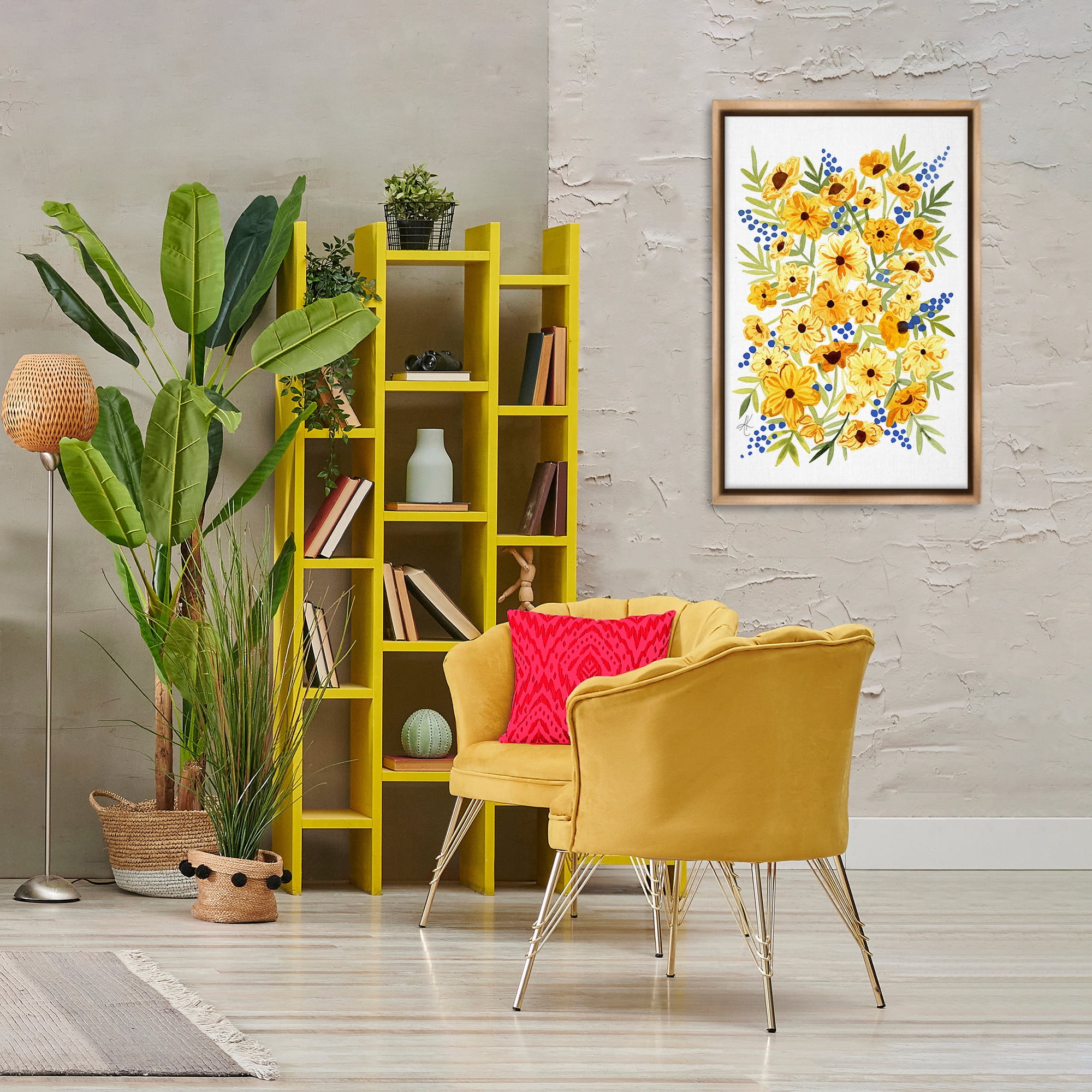 Stupell Industries Yellow Cosmos & Berries Botanical & Floral Painting Brown Floater Framed Art Print Wall Art, 21 x 31