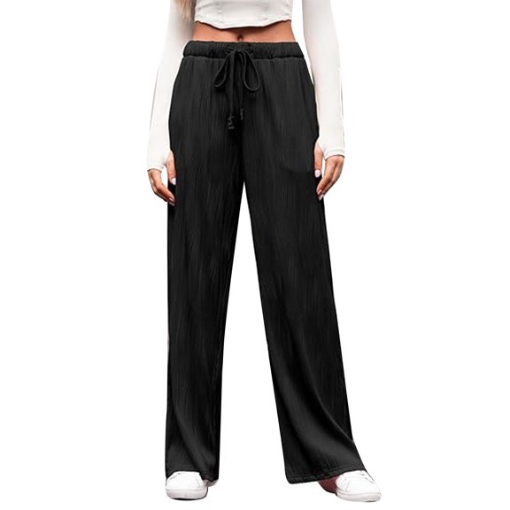 QHFBli Womens Pleated Wide Leg Palazzo Pants with Drawstring Casual Trousers