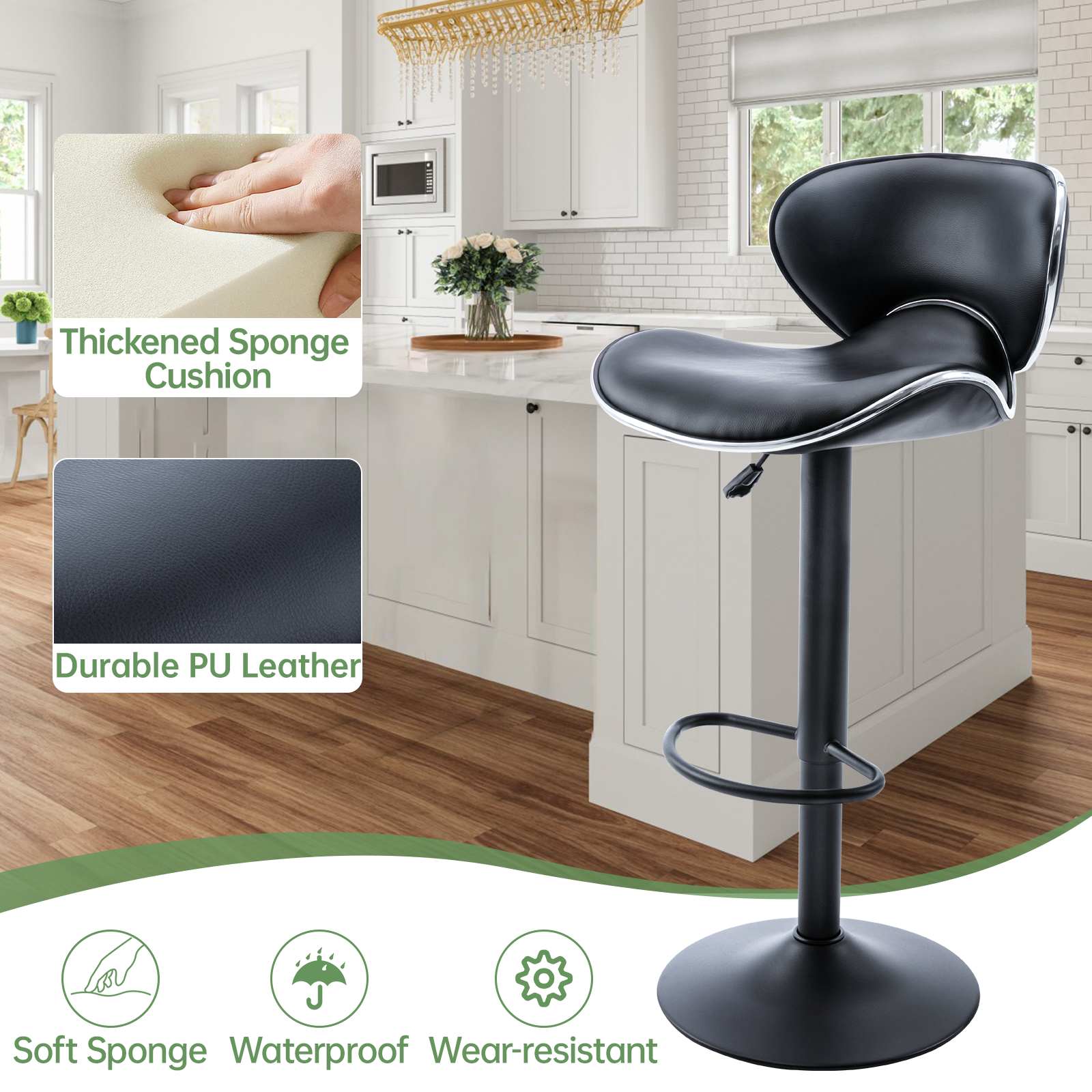 Bar Stools Set of 4, PU Leather Adjustable Swivel Bar Chairs for Kitchen Counter Island, Modern Armless Shell-Shaped Counter Height Stools for Dining Room Café Pub (Black, Black Base)
