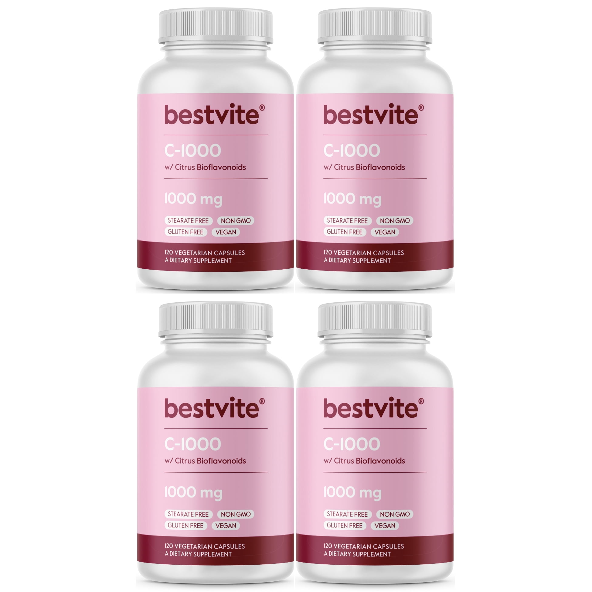 Vitamin C 1000mg (480 Vegetarian Capsules)(120 x 4) with Citrus Bioflavonoids - No Stearates - No Gelatin - Vegan - Non GMO - Gluten Free