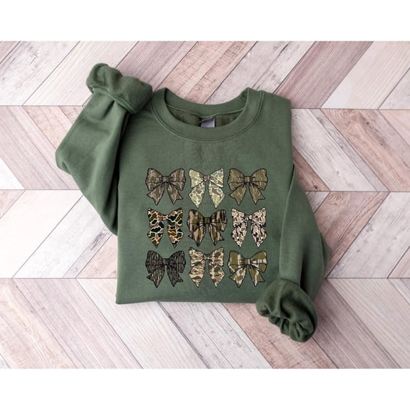 Camo Bow Sweatshirt, Camouflage Coquette Bow Graphic, Duck Hunting Inspired Crewneck, For Unisex