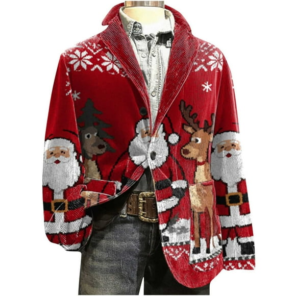 yardsong Men's Holiday Party Ugly Christmas Blazer - Vintage Corduroy One Button Lapel Slim Fit Suit Jacket Red,S