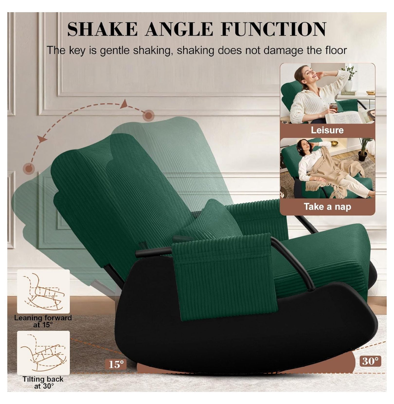 Rocking Chair , Low-Seat Glider Chair, Upholstered Rocking Chair with Side Pocket and Foot Rest, Comfortable Modern Accent Armchair Recliner for Mom Living Room Bedroom Green